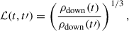 $$ \begin{aligned} \mathcal{L} (t,t\prime )= \left( \frac{\rho _{\rm down}(t)}{\rho _{\rm down}(t\prime )}\right)^{1/3}, \end{aligned} $$