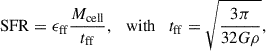$$ \begin{aligned} \mathrm{SFR} = \epsilon _{\rm ff} \frac{M_{\rm cell}}{t_{\rm ff}}, \quad \mathrm{with} \quad t_{\rm ff} = \sqrt{\frac{3\pi }{32G\rho }}, \end{aligned} $$