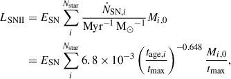 $$ \begin{aligned} L_{\rm {SNII}}&= E_{\rm {SN}} \sum _{i}^{N_{\rm {star}}}\frac{ \dot{N}_{\mathrm{SN} , i}}{\mathrm{{Myr}^{-1}} \, \mathrm{{M}_{\odot }}^{-1}} M_{i,0}\nonumber \\&= E_{\rm {SN}}\sum _{i}^{N_{\rm {star}}} 6.8 \times 10^{-3} \left(\frac{t_{\mathrm{{age}},i}}{t_{\rm {max}}} \right)^{-0.648} \frac{M_{i,0}}{t_{\rm {max}}}, \end{aligned} $$