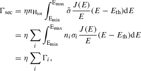 $$ \begin{aligned} \Gamma _{\rm sec}&= \eta n_{\rm H_{tot}} \int _{\rm E_{min}}^\mathrm{E_{max}} \bar{\sigma } \frac{J(E)}{E}(E-E_{\rm th})\mathrm{d}E \nonumber \\&= \eta \sum _i \int _{\rm E_{min}}^\mathrm{E_{max}} n_i\sigma _i \frac{J(E)}{E}(E-E_{\rm th})\mathrm{d}E\nonumber \\&=\eta \sum _i \Gamma _{i}, \end{aligned} $$