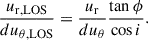 $$ \begin{aligned} \frac{u_{\mathrm{r,LOS}}}{du_{\mathrm{\theta ,LOS}}}=\frac{u_{\mathrm{r}}}{du_{\mathrm{\theta }}}\frac{\tan \phi }{\cos i}. \end{aligned} $$