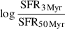 $ \log \frac{\mathrm{SFR}_{3\,\mathrm{Myr}}}{\mathrm{SFR}_{50\,\mathrm{Myr}}} $