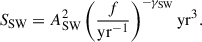 $$ \begin{aligned} S_{\mathrm{SW} } = A_{\mathrm{SW} }^2\left( \frac{f}{\mathrm{yr} ^{-1}} \right)^{-\gamma _{\mathrm{SW} }} \mathrm{yr} ^3. \end{aligned} $$