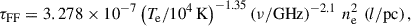 $$ \begin{aligned} \begin{aligned} \tau _{\mathrm{FF} } = 3.278\times 10^{-7}\left(T_{\mathrm{e} }/10^4\,\mathrm{K} \right)^{-1.35}\left(\nu /\mathrm{GHz} \right)^{-2.1}\,n_{\mathrm{e} }^2\,\left(l/\mathrm{pc} \right), \end{aligned} \end{aligned} $$