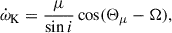 $$ \begin{aligned} \dot{\omega }_{\rm K} = \frac{\mu }{ \sin i} \cos (\Theta _{\mu } - \Omega ), \end{aligned} $$