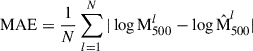 $$ \begin{aligned} \text{MAE} = \frac{1}{N} \sum _{l=1}^{N} |\log \text{M}_{500}^l - \log \hat{\text{M}}_{500}^l| \end{aligned} $$