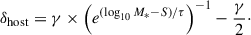 $$ \begin{aligned} \delta _{\rm host} = \gamma \times \left(e^{(\log _{10}M_{*}-S)/\tau }\right)^{-1}-\frac{\gamma }{2}\cdot \end{aligned} $$