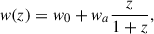 $$ \begin{aligned} w(z) = { w}_0 + { w}_a \frac{z}{1+z}, \end{aligned} $$