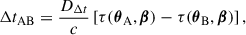 $$ \begin{aligned} \Delta t_{\rm AB} = \frac{D_{\Delta t}}{c} \left[\tau (\boldsymbol{\theta }_{\rm A}, \boldsymbol{\beta }) - \tau (\boldsymbol{\theta }_{\rm B}, \boldsymbol{\beta }) \right], \end{aligned} $$