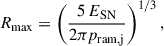 $$ \begin{aligned} R_{\rm max} = \left(\frac{5\,E_{\rm SN}}{2\pi p_{\rm ram,j}}\right)^{1/3}, \end{aligned} $$