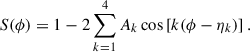 $$ \begin{aligned} S(\phi ) = 1 - 2\sum _{k=1}^4 A_k \cos \left[k(\phi - \eta _k)\right]. \end{aligned} $$