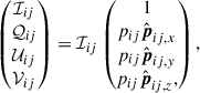 $$ \begin{aligned} \begin{pmatrix} \mathcal{I} _{ij} \\ \mathcal{Q} _{ij} \\ \mathcal{U} _{ij} \\ \mathcal{V} _{ij} \end{pmatrix} = \mathcal{I} _{ij} \begin{pmatrix} 1 \\ p_{ij} \hat{\boldsymbol{p}}_{ij,x}\\ p_{ij} \hat{\boldsymbol{p}}_{ij,y}\\ p_{ij} \hat{\boldsymbol{p}}_{ij,z}, \end{pmatrix} ,\end{aligned} $$