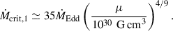 $$ \begin{aligned} \dot{M}_{\rm crit,1}\simeq 35\dot{M}_{\rm Edd}\left(\frac{\mu }{10^{30}\,\mathrm{\,G\,cm}^{3}}\right)^{4/9}. \end{aligned} $$