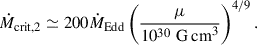 $$ \begin{aligned} \dot{M}_{\rm crit,2}\simeq 200\dot{M}_{\rm Edd}\left(\frac{\mu }{10^{30}\,\mathrm{\,G\,cm}^{3}}\right)^{4/9}. \end{aligned} $$