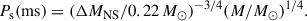 $$ \begin{aligned} P_{\rm s}(\mathrm {ms}) = (\Delta M_{\rm NS}/0.22\,M_{\odot })^{-3/4}(M/M_{\odot })^{1/4}. \end{aligned} $$