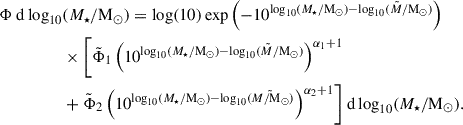 $$ \begin{aligned} \Phi ~ \mathrm{d}\log _{10}&(M_\star /\mathrm{M}_{\odot }) = \log (10)\exp \left(-10^{\log _{10}(M_\star /\mathrm{M}_{\odot })-\log _{10}(\tilde{M}/\mathrm{M}_{\odot })}\right) \nonumber \\&\times \biggl [ \tilde{\Phi }_1 \left(10^{\log _{10}(M_\star /\mathrm{M}_{\odot })-\log _{10}(\tilde{M}/\mathrm{M}_{\odot })}\right)^{\alpha _1 +1}\nonumber \\&+ \tilde{\Phi }_2 \left(10^{\log _{10}(M_\star /\mathrm{M}_{\odot })-\log _{10}(\tilde{M/\mathrm{M}_{\odot }})}\right)^{\alpha _2 +1} \biggr ] ~\mathrm{d}\log _{10}(M_\star /\mathrm{M}_{\odot }). \end{aligned} $$