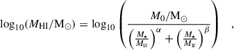 $$ \begin{aligned} \log _{10}(M_{\rm HI}/\mathrm{M}_{\odot }) = \log _{10}\left(\frac{M_0/\mathrm{M}_{\odot }}{\left(\frac{M_\star }{M_{\rm tr}}\right)^\alpha + \left(\frac{M_\star }{M_{\rm tr}}\right)^\beta }\right) \quad , \end{aligned} $$