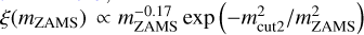$\xi(m_{\mathrm{ZAMS}})\propto m_{\mathrm{ZAMS}}^{-0.17}\exp{\left(-m_{\mathrm{cut2}}^2/m_{\mathrm{ZAMS}}^2\right)}$