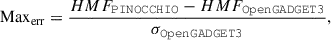 $$ \begin{aligned} \mathrm {Max}_{\text{err}} = \frac{HMF_\mathtt{PINOCCHIO\mathrm } - HMF_\mathtt{OpenGADGET3\mathrm }}{\sigma _\mathtt{OpenGADGET3\mathrm }} , \end{aligned} $$