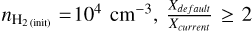 $n_{\mathrm{H}_{2\ \text {(init)}}}= 10^{4}\ \mathrm{~cm}^{-3}, \frac{X_{{default}}}{X_{{current}}} \geq 2$