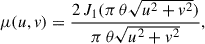 $$ \begin{aligned} \mu (u, v) = \frac{2\,J_1(\pi \,\theta \sqrt{u^2+v^2})}{\pi \,\theta \sqrt{u^2+v^2}}, \end{aligned} $$