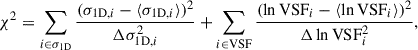 $$ \begin{aligned} \chi ^2 = \sum _{i\in \sigma _{\rm 1D}} \frac{(\sigma _{\mathrm{1D},i} - \langle \sigma _{\mathrm{1D},i}\rangle )^2}{\Delta \sigma _{\mathrm{1D},i}^2} + \sum _{i\in \mathrm{VSF}} \frac{(\ln \mathrm{VSF}_i - \langle \ln \mathrm{VSF}_i\rangle )^2}{\Delta \ln \mathrm{VSF}_i^2}, \end{aligned} $$