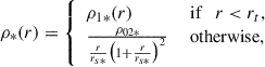 $$ \begin{aligned} \rho _{*}(r) = {\left\{ \begin{array}{ll} \rho _{1*}(r)&\text{ if} \quad r< r_t, \\ \frac{\rho _{02*}}{\frac{r}{r_{s*}}\bigl (1+\frac{r}{r_{s*}}\bigr )^2}&\text{ otherwise,} \end{array}\right.} \end{aligned} $$