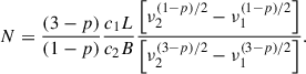 $$ \begin{aligned} N = \dfrac{(3-p)}{(1-p)}\dfrac{c_1L}{c_2B}\dfrac{\left[\nu _2^{(1-p)/2}-\nu _1^{(1-p)/2}\right]}{\left[\nu _2^{(3-p)/2}-\nu _1^{(3-p)/2}\right]}. \end{aligned} $$