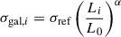 $$ \begin{aligned} \sigma _{\mathrm{gal}, i} = \sigma _{\mathrm{ref}}\left( \frac{L_i}{L_0}\right)^\alpha \end{aligned} $$