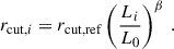 $$ \begin{aligned} r_{\mathrm{cut},i} = r_{\mathrm{cut},\mathrm{ref}}\left( \frac{L_i}{L_0}\right)^\beta \, . \end{aligned} $$