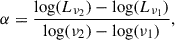 $$ \begin{aligned} \alpha = \frac{\log (L_{\nu _2}) - \log (L_{\nu _1})}{\log (\nu _2) - \log (\nu _1)}, \end{aligned} $$