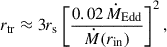 $$ \begin{aligned} r_\mathrm{tr} \approx 3 r_\mathrm{s} \left[\frac{0.02\,\dot{M}_\mathrm{Edd} }{\dot{M}(r_\mathrm{in} )}\right]^2, \end{aligned} $$