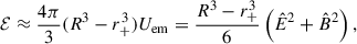 $$ \begin{aligned} \mathcal{E} \approx \frac{4 \pi }{3} (R^3-r_+^3) U_{\rm em} = \frac{R^3-r_+^3}{6}\left(\hat{E}^2 + \hat{B}^2\right), \end{aligned} $$