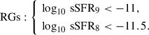 $$ \begin{aligned}&\mathrm{RGs} : \left\{ \begin{aligned}&\log _{10} \, \mathrm{sSFR}_9 < -11, \\&\log _{10} \, \mathrm{sSFR}_8 < -11.5. \end{aligned} \right. \end{aligned} $$
