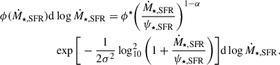 $$ \begin{aligned} \phi (\dot{M}_{\rm \star ,SFR}) \mathrm{d}&\log \dot{M}_{\rm \star ,SFR} = \phi ^\star \bigg ( \frac{\dot{M}_{\rm \star ,SFR}}{\psi _{\rm \star ,SFR}} \bigg )^{1-\alpha }\nonumber \\&\exp \bigg [ - \frac{1}{2\sigma ^2} \log ^2_{10} \bigg ( 1 + \frac{\dot{M}_{\rm \star ,SFR}}{\psi _{\rm \star ,SFR}} \bigg ) \bigg ] \mathrm{d} \log \dot{M}_{\rm \star ,SFR}. \end{aligned} $$