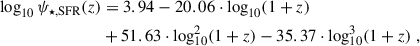 $$ \begin{aligned} \log _{10} \psi _{\rm \star ,SFR} (z)&= 3.94 - 20.06 \cdot \log _{10}(1+z)\nonumber \\&+ 51.63 \cdot \log ^2_{10}(1+z) - 35.37 \cdot \log ^3_{10}(1+z) \; ,\end{aligned} $$