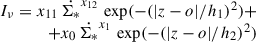 $ \begin{array}{rcl} I_{\nu}=x_{11}\,\dot{\Sigma_*}^{x_{12}}\,\exp(-(|z-o|/h_1)^2)+\\ +x_0\,\dot{\Sigma_*}^{x_1}\,\exp(-(|z-o|/h_2)^2) \end{array} $