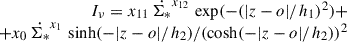$ \begin{array}{rcl} I_{\nu}=x_{11}\,\dot{\Sigma_*}^{x_{12}}\,\exp(-(|z-o|/h_1)^2)+\\ +x_0\,\dot{\Sigma_*}^{x_1}\,\sinh(-|z-o|/h_2)/(\cosh(-|z-o|/h_2))^2 \end{array} $