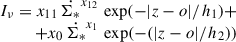 $ \begin{array}{rcl} I_{\nu}=x_{11}\,\dot{\Sigma_*}^{x_{12}}\,\exp(-|z-o|/h_1)+\\ +x_0\,\dot{\Sigma_*}^{x_1}\,\exp(-(|z-o|/h_2)) \end{array} $