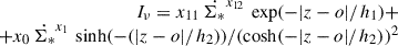 $ \begin{array}{rcl} I_{\nu}=x_{11}\,\dot{\Sigma_*}^{x_{12}}\,\exp(-|z-o|/h_1)+\\ +x_0\,\dot{\Sigma_*}^{x_1}\,\sinh(-(|z-o|/h_2))/(\cosh(-|z-o|/h_2))^2 \end{array} $