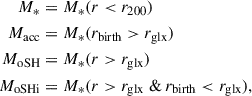 $$ \begin{aligned} M_{*}&= M_{*}(r < r_{200})\nonumber \\ M_{\rm {acc}}&= M_{*}(r_{\rm {birth}} > r_{\mathrm{glx} })\nonumber \\ M_{\rm {oSH}}&= M_{*}(r > r_{\mathrm{glx} })\nonumber \\ M_{\rm {oSHi}}&= M_{*}(r > r_{\mathrm{glx} } \ \& \ r_{\rm {birth}} < r_{\rm {glx}}), \end{aligned} $$