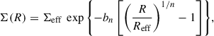 $$ \begin{aligned} \Sigma (R) = \Sigma _\mathrm{eff} ~\exp {\left\{ -b_n \left[ \left(\frac{R}{R_{\mathrm{eff} }} \right)^{1/n} -1 \right] \right\} }, \end{aligned} $$