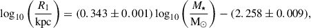 $$ \begin{aligned} \log _{10}\left(\frac{R_1}{\mathrm{kpc} }\right) = (0.343\pm 0.001)\log _{10}\left(\frac{M_\star }{\mathrm{M}_\odot }\right) - (2.258\pm 0.009), \end{aligned} $$