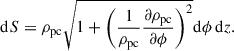 $$ \begin{aligned} \mathrm{d}S = \rho _{\rm pc}\sqrt{1 + \left(\frac{1}{\rho _{\rm pc}}\frac{\partial \rho _{\rm pc}}{\partial \phi }\right)^2} \mathrm{d}\phi \, \mathrm{d}z. \end{aligned} $$