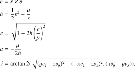 $\matrix{{c = r \times v} \cr {h = {1 \over 2}{v^2} - {\mu \over r}} \cr {e = \sqrt {1 + 2h{{\left( {{c \over \mu }} \right)}^2}} } \cr {a = - {\mu \over {2h}}} \cr {i = \arctan 2\left( {\sqrt {{{\left( {y{v_z} - z{v_y}} \right)}^2} + {{\left( { - x{v_z} + z{v_x}} \right)}^2}} ,\left( {x{v_y} - y{v_x}} \right)} \right),} \cr } $