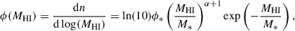 $$ \begin{aligned} \phi (M_{\rm HI}) = \frac{\mathrm{d}n}{\mathrm{d}\log (M_{\rm HI})} = {\ln (10)}\phi _*\left(\frac{M_{\rm HI}}{M_*}\right)^{\alpha +1} {\exp }\left(-\frac{M_{\rm HI}}{M_*}\right), \end{aligned} $$