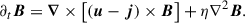 $$ \begin{aligned} \partial _t\boldsymbol{B}&= \boldsymbol{\nabla }\times \left[(\boldsymbol{u}-\boldsymbol{j})\times \boldsymbol{B}\right] +\eta \nabla ^2\boldsymbol{B} . \end{aligned} $$