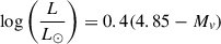 $$ \begin{aligned} \log \left(\frac{L}{L_\odot }\right)&= 0.4(4.85-M_v)\end{aligned} $$