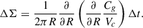 $$ \begin{aligned} \Delta \Sigma =\frac{1}{2\pi R}\frac{\partial }{\partial R}\left(\frac{\partial }{\partial R}\frac{C_g}{V_c}\right)\Delta t. \end{aligned} $$