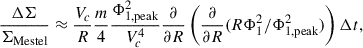 $$ \begin{aligned} \frac{\Delta \Sigma }{\Sigma _{\mathrm{Mestel}}}\approx \frac{V_c}{R}\frac{m}{4}\frac{\Phi _{1,\mathrm{peak}}^2}{V_c^4}\frac{\partial }{\partial R}\left(\frac{\partial }{\partial R}(R\Phi _1^2/\Phi _{1,\mathrm{peak}}^2)\right)\Delta t, \end{aligned} $$
